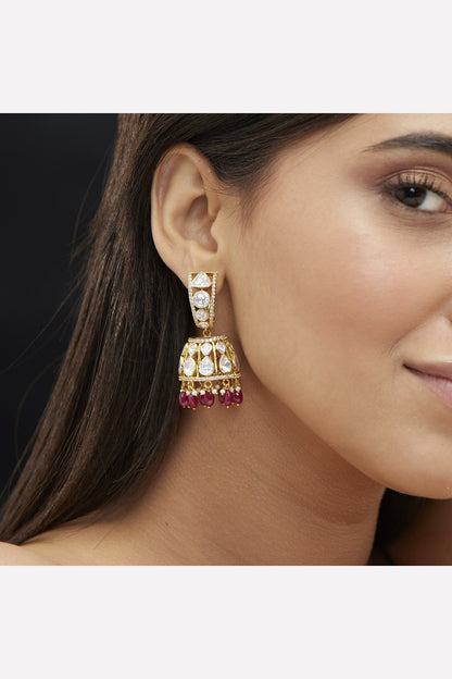Gold Plated Moissanite Polki & Red Semi-Precious Stone Jhumka Earrings In Sterling Silver