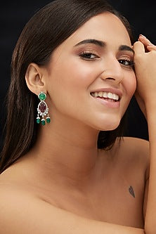 Gold Plated Green Moissanite Polki & Ruby Onyx Dangler Earrings In Sterling Silver