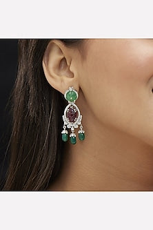 Gold Plated Green Moissanite Polki & Ruby Onyx Dangler Earrings In Sterling Silver