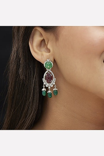 Gold Plated Green Moissanite Polki & Ruby Onyx Dangler Earrings In Sterling Silver