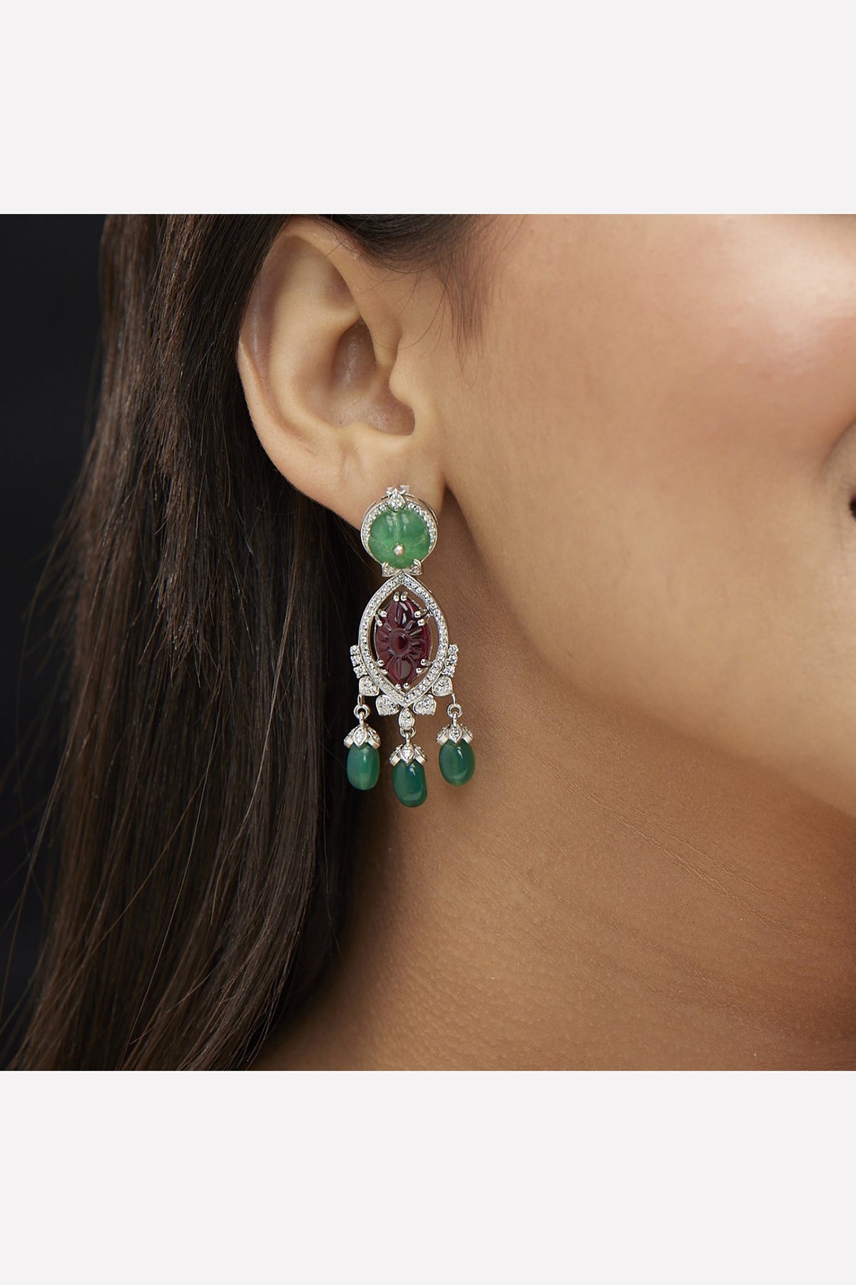 Gold Plated Green Moissanite Polki & Ruby Onyx Dangler Earrings In Sterling Silver