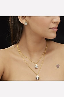 Gold Plated Moissanite Polki Stone Layered Pendant Necklace Set In Sterling Silver