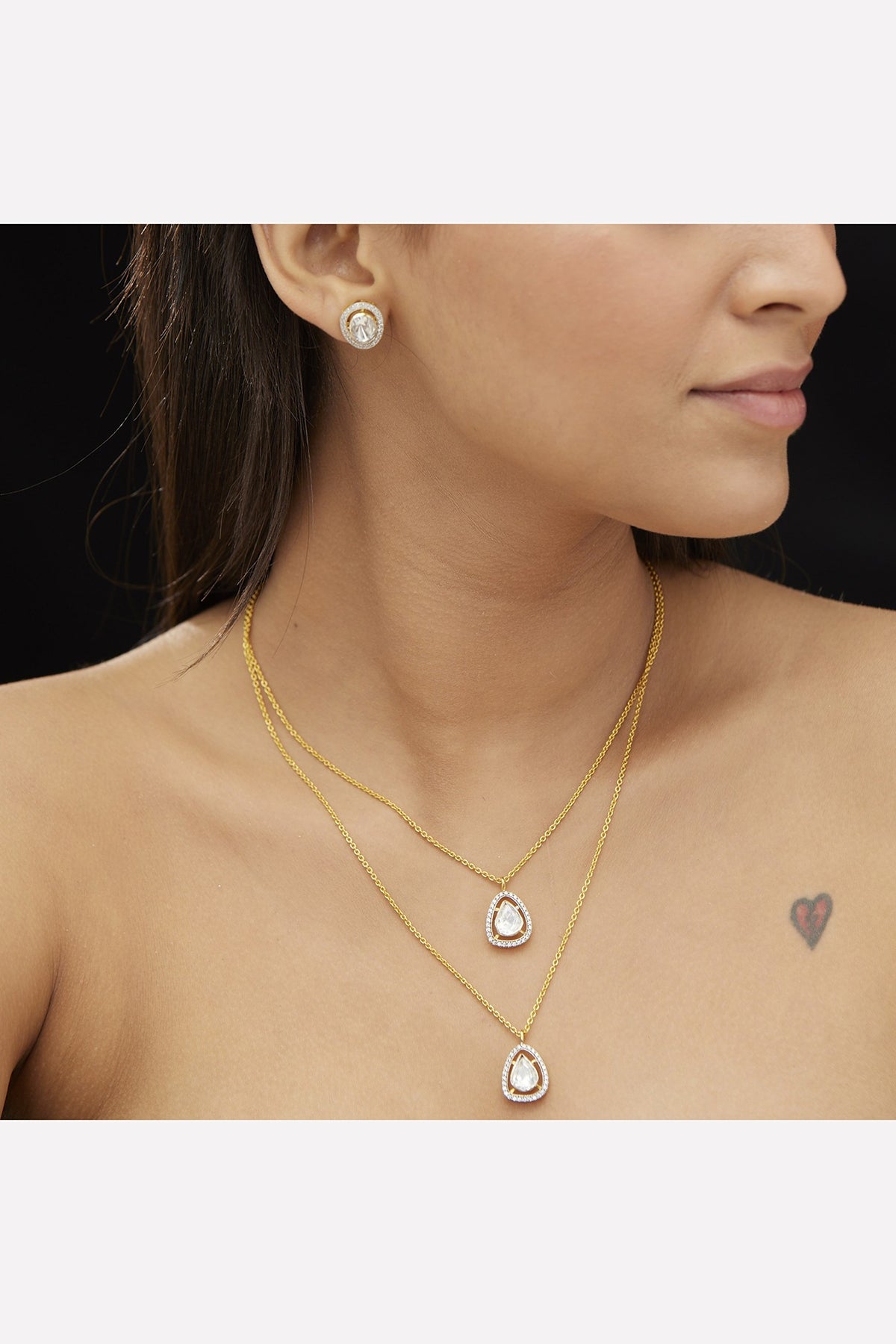 Gold Plated Moissanite Polki Stone Layered Pendant Necklace Set In Sterling Silver