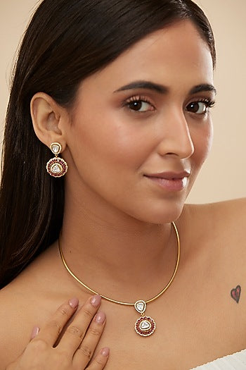 Gold Plated Green Moissanite Polki & Pink Semi-Precious Stone Pendant Necklace Set In Sterling Silver