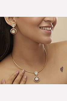 Gold Plated Green Moissanite Polki & Pink Semi-Precious Stone Pendant Necklace Set In Sterling Silver