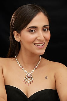 Gold Plated Red Moissanite Polki & Ruby Stone Long Necklace In Sterling Silver