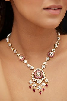 Gold Plated Red Moissanite Polki & Ruby Stone Long Necklace In Sterling Silver