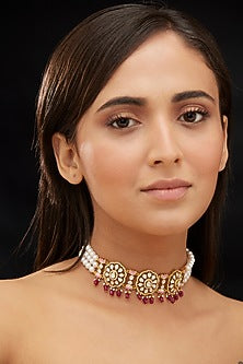 Gold Plated Red Moissanite Polki Enameled Choker Necklace In Sterling Silver