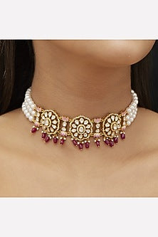 Gold Plated Red Moissanite Polki Enameled Choker Necklace In Sterling Silver