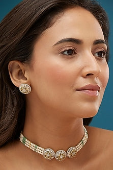 Gold Plated Pearl & Green Moissanite Polki Choker Necklace Set In Sterling Silver