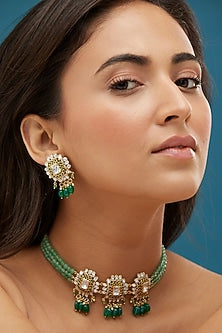 Gold Plated Pearl & Green Moissanite Polki Choker Necklace Set In Sterling Silver
