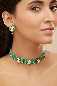 Gold Plated Moissanite Polki & Green Beaded Choker Necklace Set In Sterling Silver