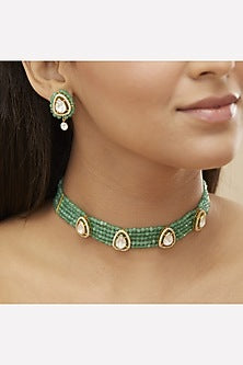Gold Plated Moissanite Polki & Green Beaded Choker Necklace Set In Sterling Silver