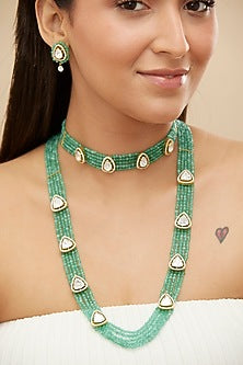 Gold Plated Moissanite Polki & Green Beaded Long Necklace Set In Sterling Silver