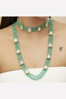 Gold Plated Moissanite Polki & Green Beaded Long Necklace Set In Sterling Silver