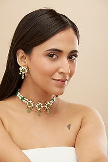Gold Plated Moissanite Polki & Green Beaded Choker Necklace Set In Sterling Silver
