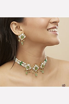 Gold Plated Moissanite Polki & Green Beaded Choker Necklace Set In Sterling Silver