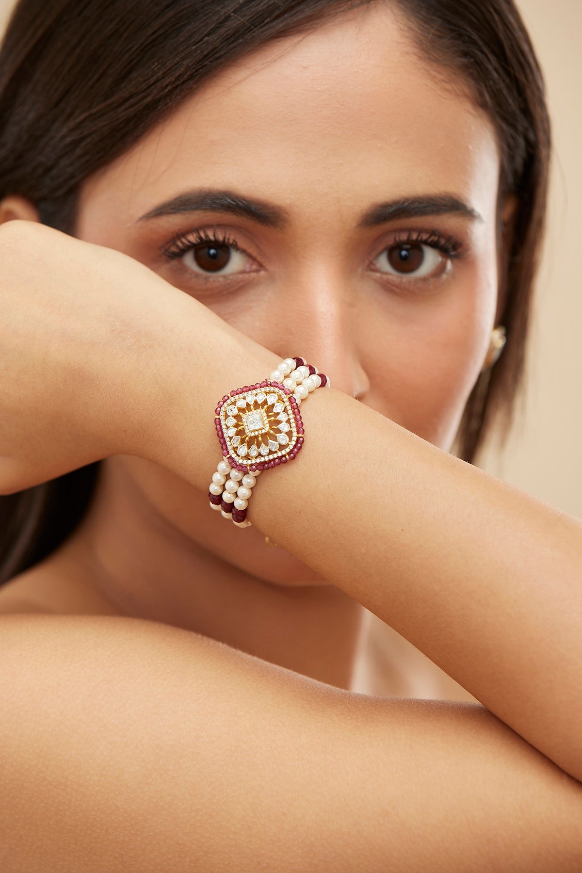 Gold Plated Green Moissanite Polki & Zircon Bracelet In Sterling Silver