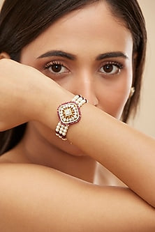 Gold Plated Green Moissanite Polki & Zircon Bracelet In Sterling Silver