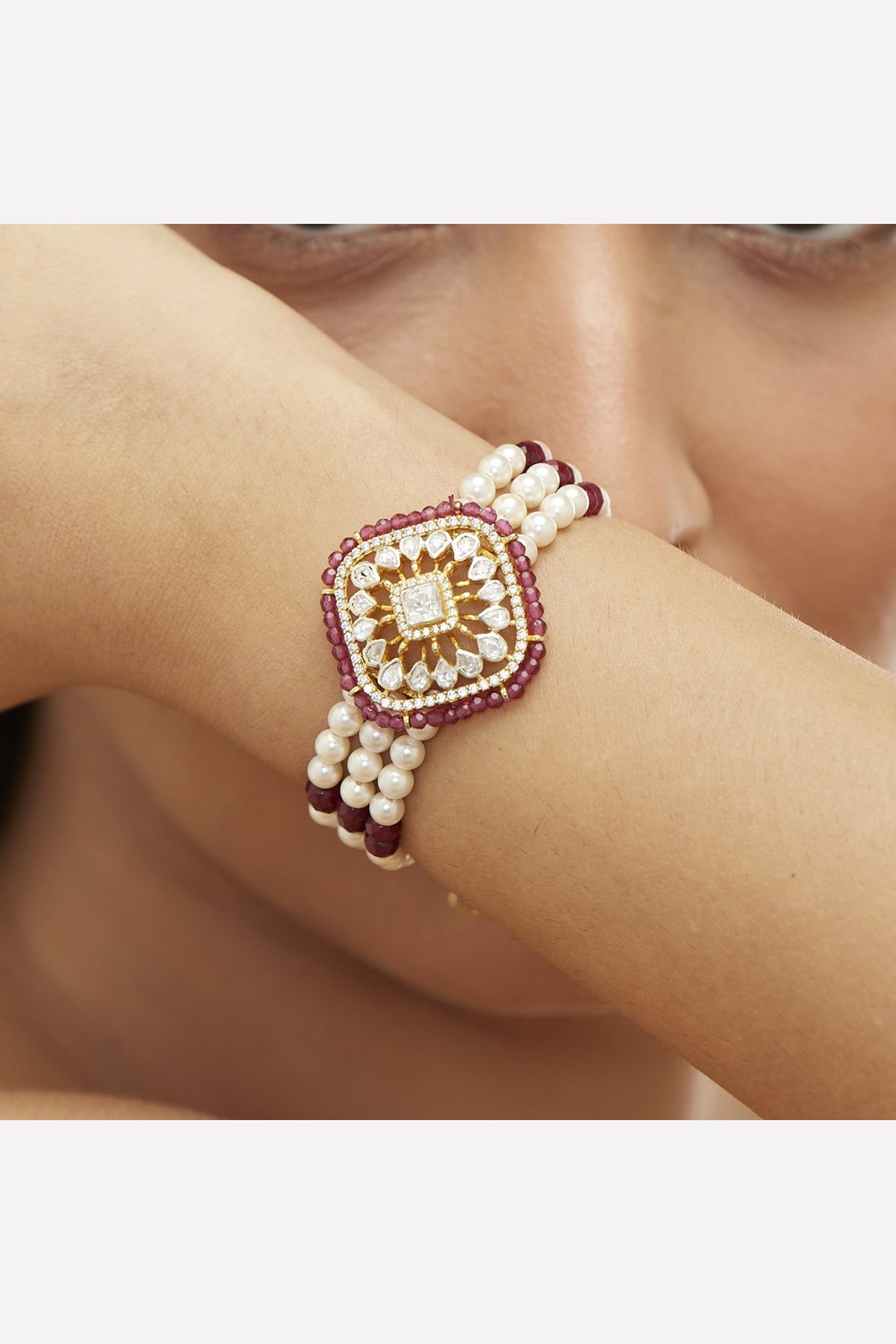 Gold Plated Green Moissanite Polki & Zircon Bracelet In Sterling Silver