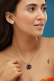 Yellow Gold Plated Lapis Lazuli & Zircon Pendant Necklace In Sterling Silver