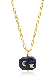 Yellow Gold Plated Lapis Lazuli & Zircon Pendant Necklace In Sterling Silver