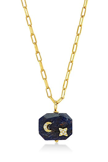 Yellow Gold Plated Lapis Lazuli & Zircon Pendant Necklace In Sterling Silver