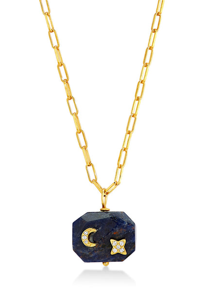 Yellow Gold Plated Lapis Lazuli & Zircon Pendant Necklace In Sterling Silver
