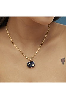 Yellow Gold Plated Lapis Lazuli & Zircon Pendant Necklace In Sterling Silver