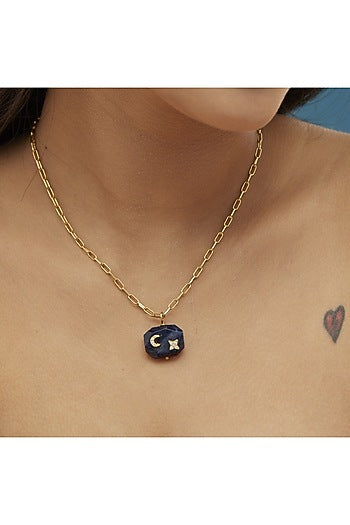 Yellow Gold Plated Lapis Lazuli & Zircon Pendant Necklace In Sterling Silver