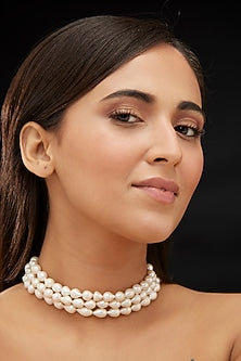 Gold Rhodium Plated Freshwater Pearl Choker Necklace In Sterling Silver