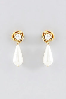 Gold Plated White Pearl Floral Dangler Earrings