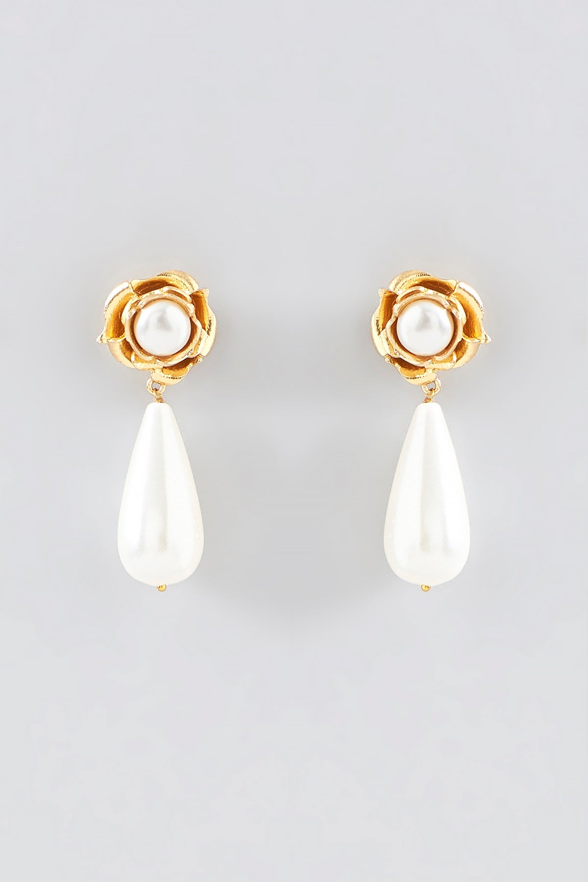 Gold Plated White Pearl Floral Dangler Earrings