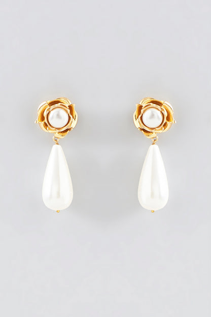 Gold Plated White Pearl Floral Dangler Earrings