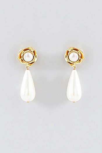 Gold Plated White Pearl Floral Dangler Earrings
