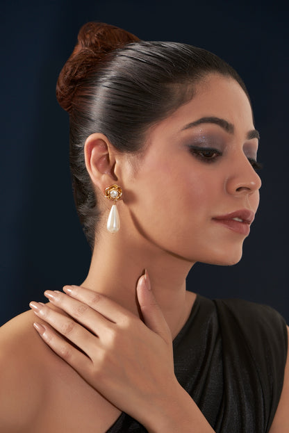 Gold Plated White Pearl Floral Dangler Earrings