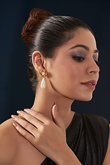 Gold Plated White Pearl Floral Dangler Earrings