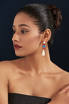 Gold Finish Blue & Red Stone Dangler Earrings