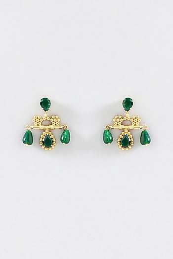 Gold Finish Green Stone Dangler Earrings