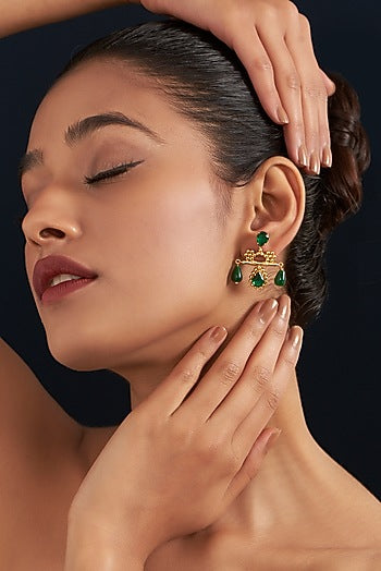 Gold Finish Green Stone Dangler Earrings