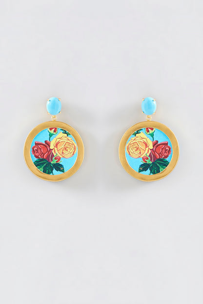 Gold Plated Floral Hand Painted Dangler Earrings