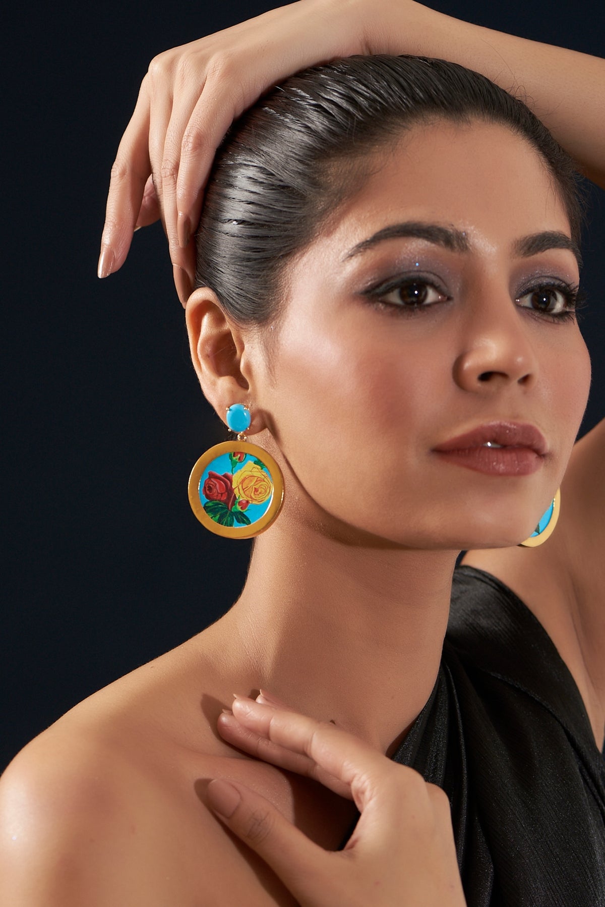 Gold Plated Floral Hand Painted Dangler Earrings