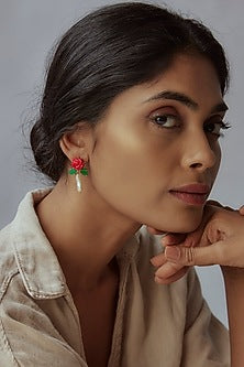 Gold Finish Pearl Dangler Earrings In Sterling Silver
