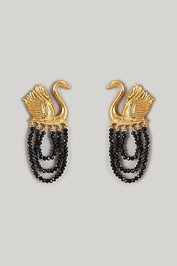 Gold Finish Black Beaded Dangler Earrings