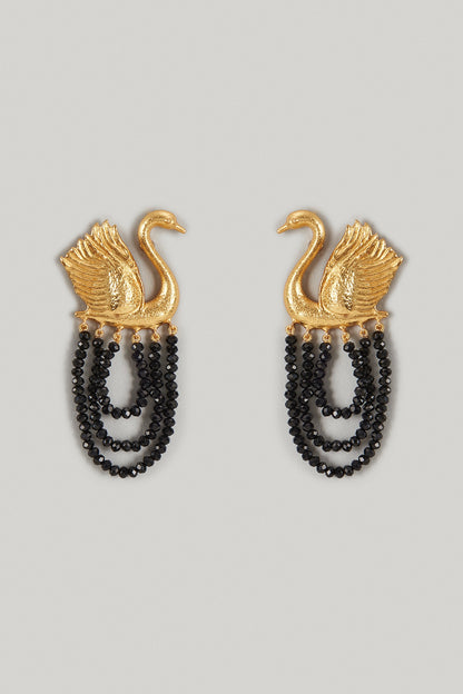 Gold Finish Black Beaded Dangler Earrings