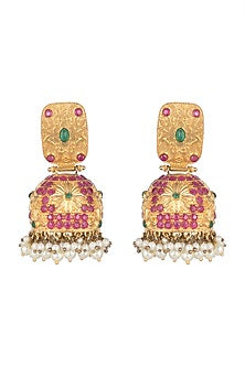 Gold Finish Pink Stone Jhumka Earrings