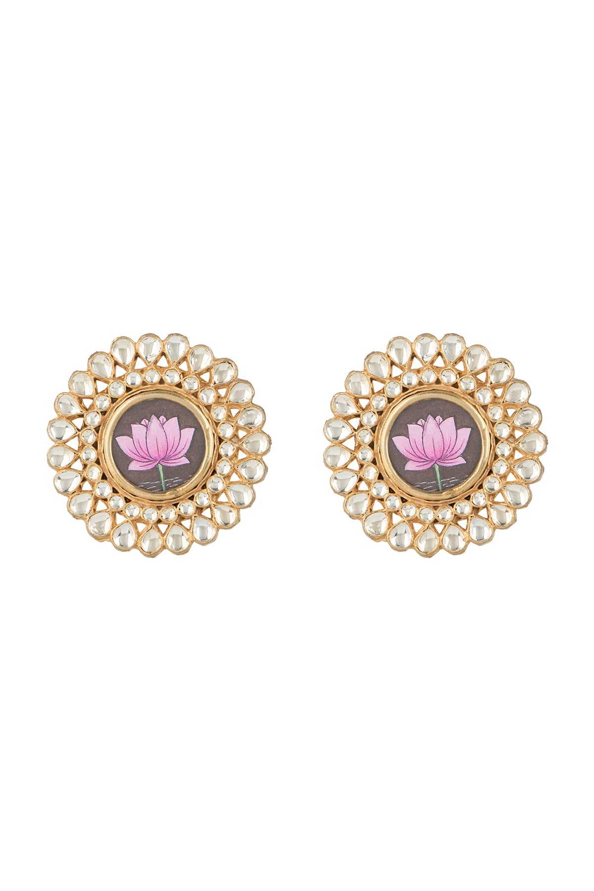 Gold Finish Meenakari Lotus Earrings