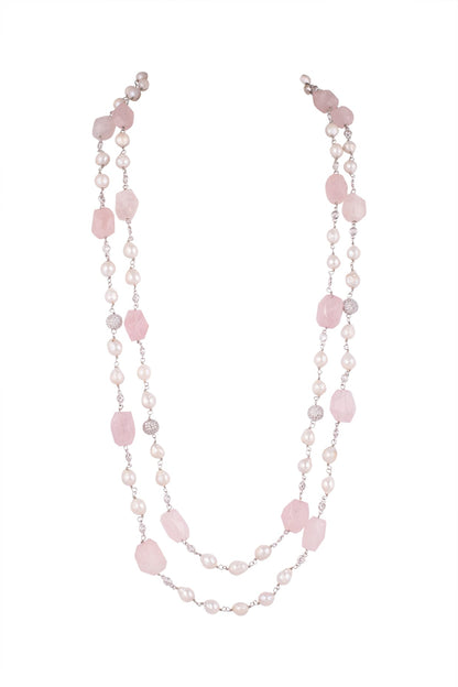 Pink Layered Mala Necklace With Pearls