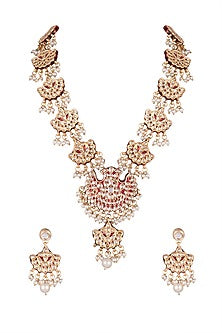 Gold Finish Kundan Red Long Necklace Set