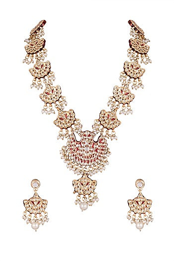Gold Finish Kundan Red Long Necklace Set